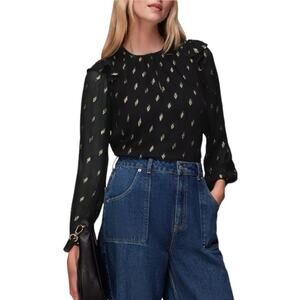 WHISTLES Black Metallic‎ Print Ruffle Shoulder Sheer Sleeve Blouse 6